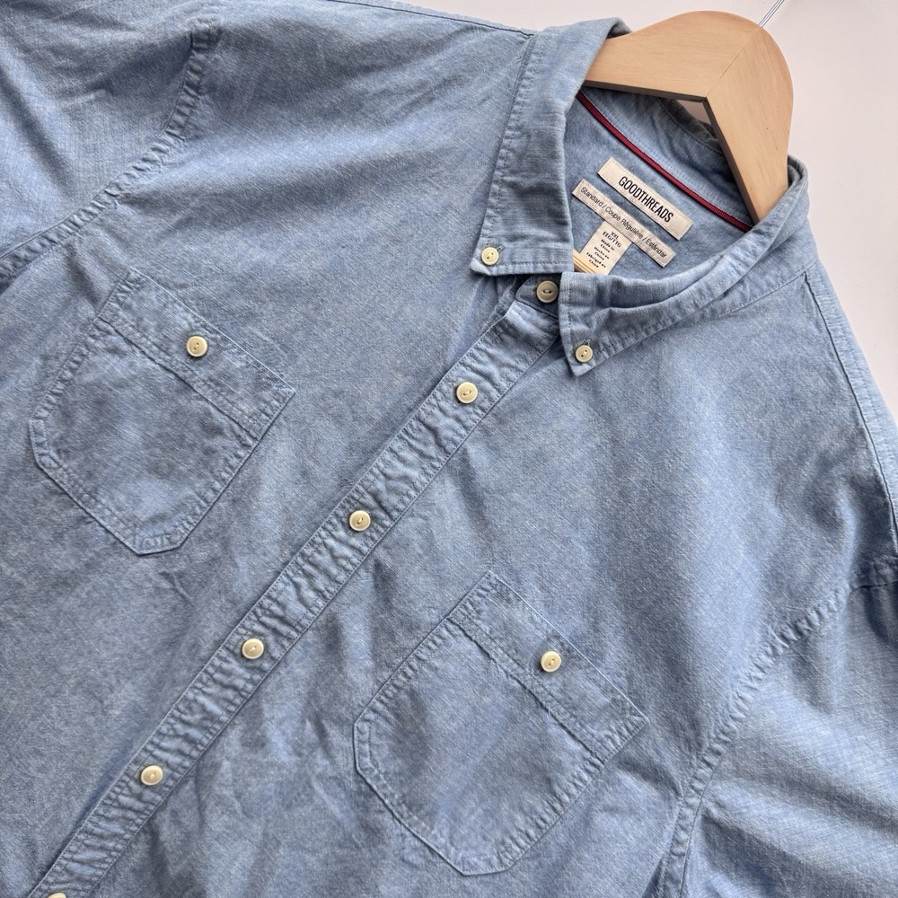 Goodthreads Mens XXL Short Sleeve Button Up Casual Dress Shirt Blue Flaw